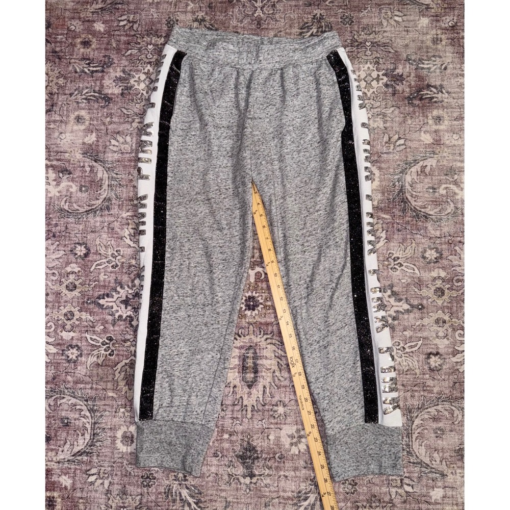 Victoria's Secret PINK Gray Sequin Logo Glitter Stripe Joggers Sweatpants Large - Picture 7 of 9